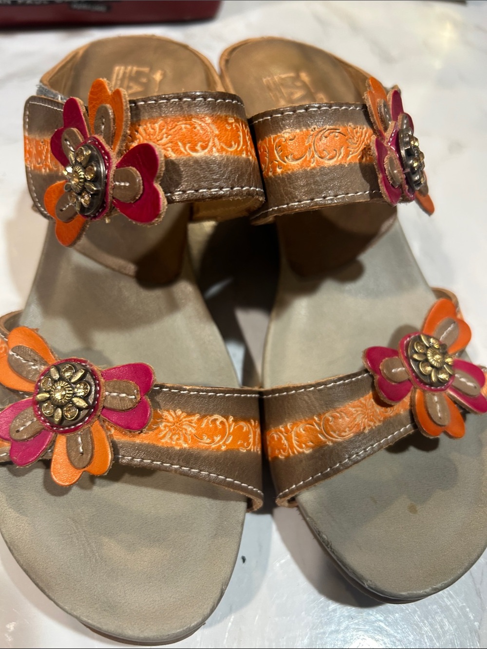L' artiste Spring Step Brown Slide Sandals with Orange and Pink Floral Accents - Picture 10 of 10